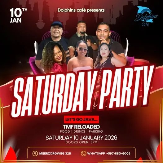 Flyer van Saturday Party bij Dolphins Café
