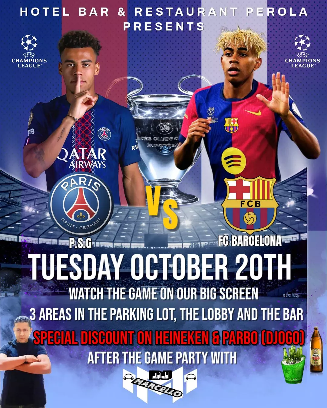 Flyer van P.S.G vs FC Barcelona bij Hotel Bar Restaurant Perola