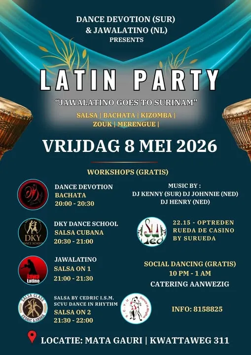 Flyer of LATIN PARTY "JAWALATINO GOES TO SURINAM" at Mata Gauri
