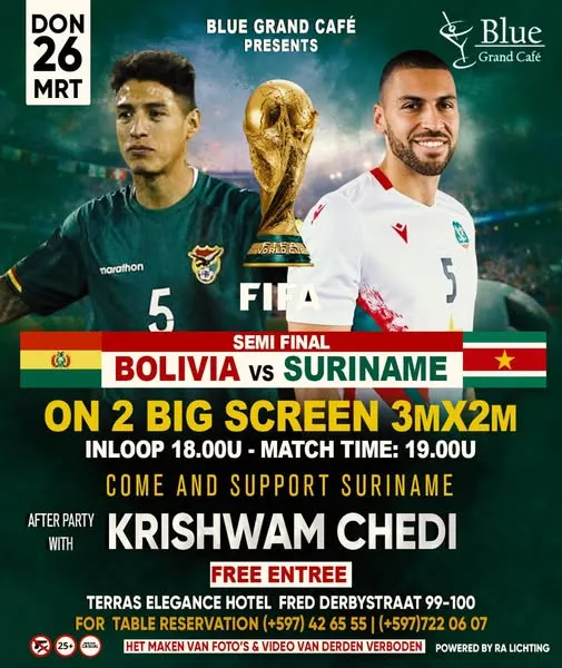 Flyer van FIFA Semi Final: Bolivia vs Suriname bij Blue Grand Café