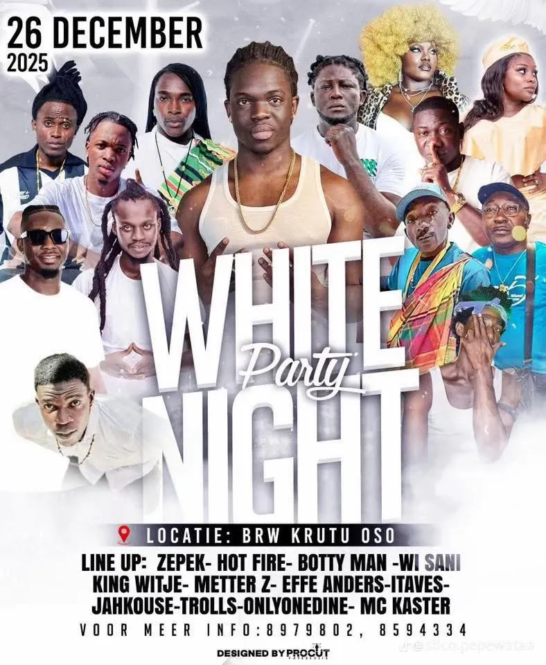 Flyer van White Party Night bij Brownsweg Krutu Oso