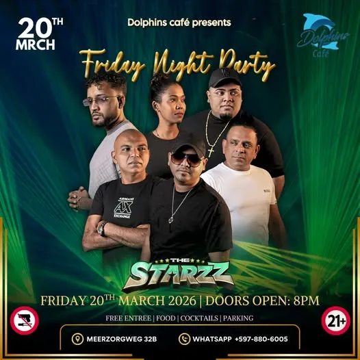 Flyer van Friday Night Party bij Dolphins Café
