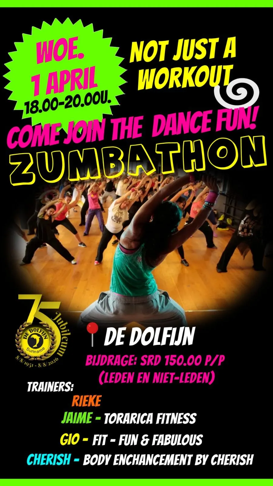 Flyer van Zumbathon bij Vereniging De Dolfijn