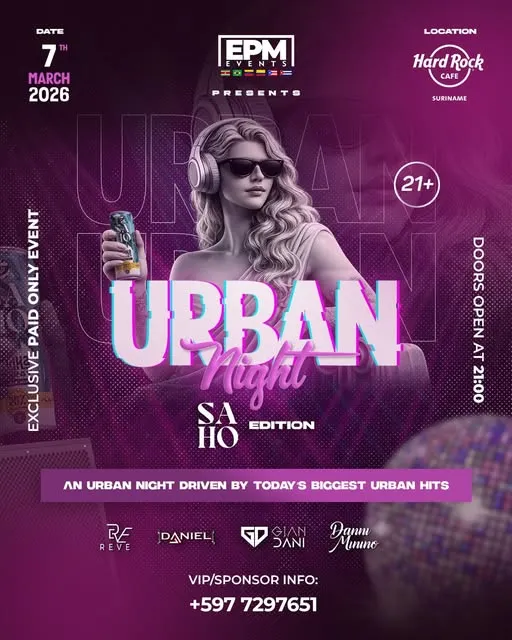 Flyer van URBAN Night bij Hard Rock Cafe Suriname