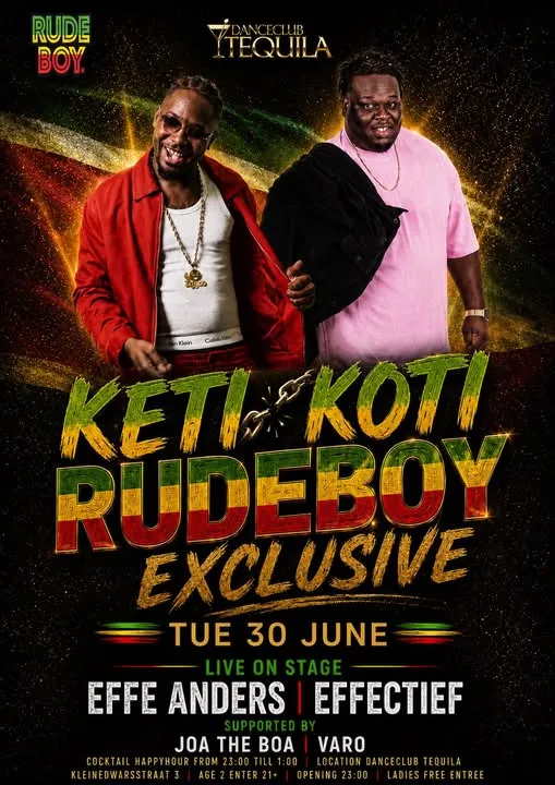 Flyer van Keti Koti Rudeboy Exclusive bij Danceclub Tequila