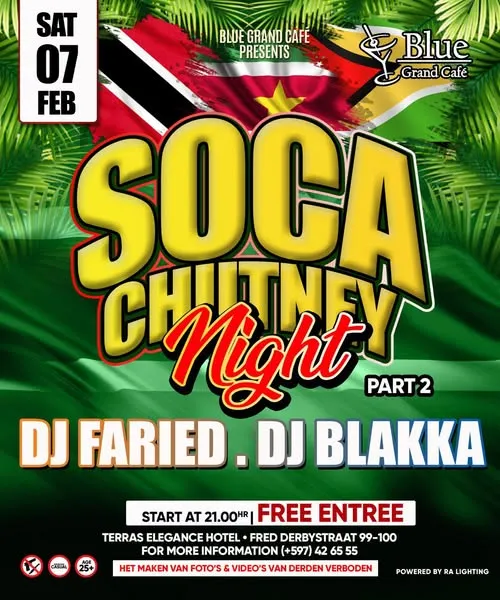 Flyer of Soca Chutney Night Part 2 at Blue Grand Café