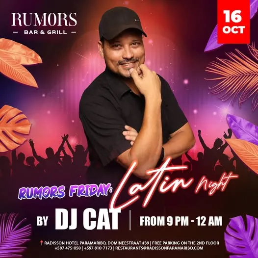 Flyer van Rumors Friday: Latin Night bij Rumors Bar & Grill @Radisson Hotel Paramaribo