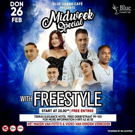 Flyer van Midweek Special with Freestyle bij Blue Grand Café