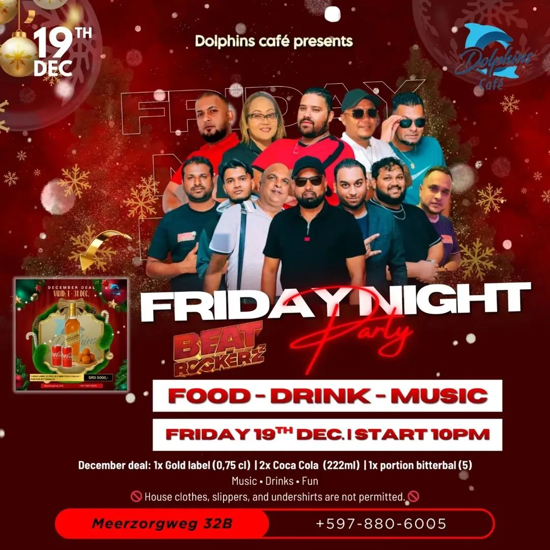 Flyer van Friday Night Party bij Dolphins Café
