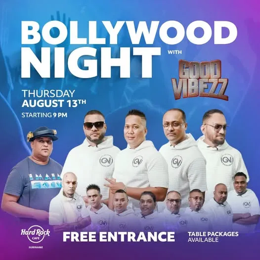 Flyer van Bollywood Night bij Hard Rock Cafe Suriname