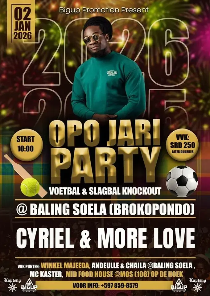 Flyer van Opo Jari Party bij Baling Soela (Brokopondo)