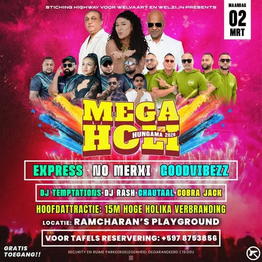 Flyer van Mega Holi Hungama 2026 bij Ramcharan's Playground