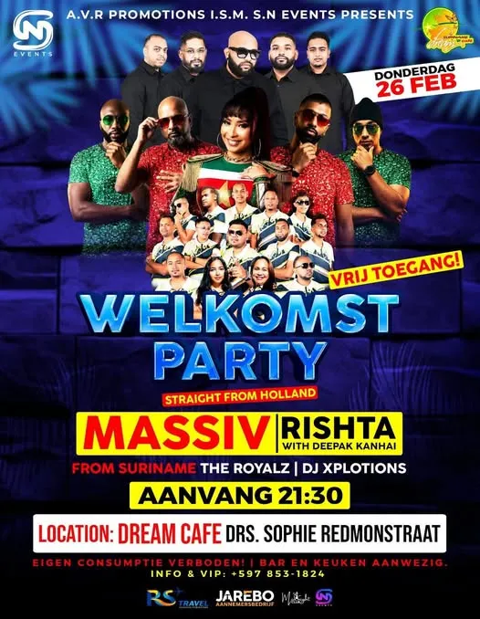 Flyer van WELKOMST PARTY bij Suriname Dream Cafe