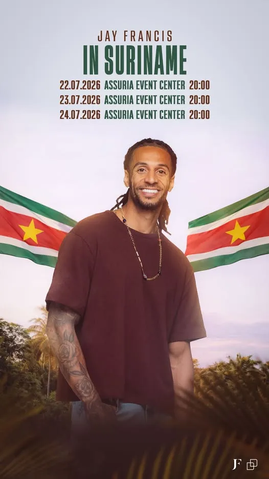 Flyer van Jay Francis in Suriname bij Assuria Event Center