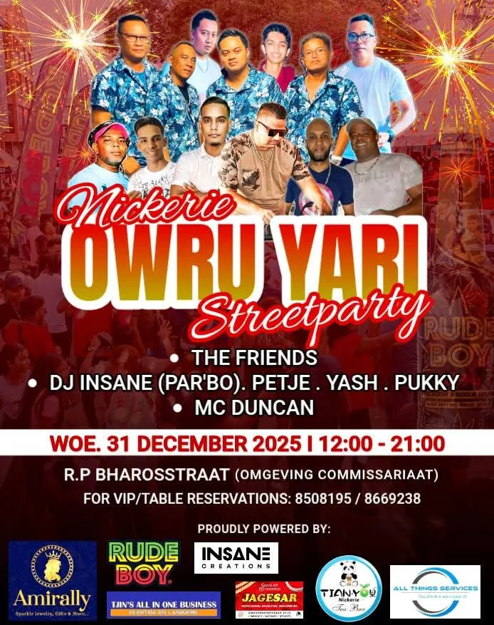 Flyer of Nickerie Owru Yari Streetparty at R.P Bharosstraat