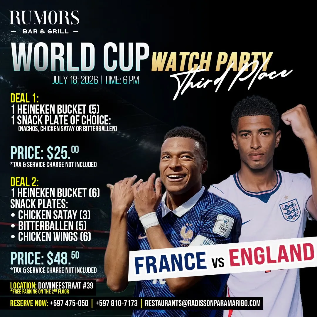 Flyer van WORLD CUP WATCH PARTY bij Rumors Bar & Grill @Radisson Hotel Paramaribo