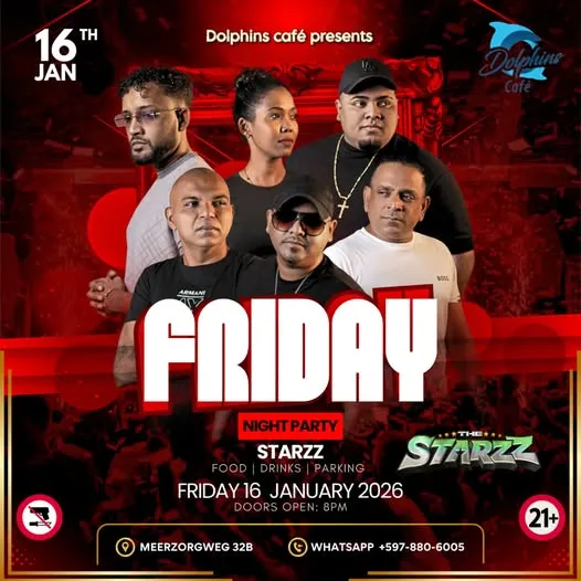 Flyer van Friday Night Party bij Dolphins Café