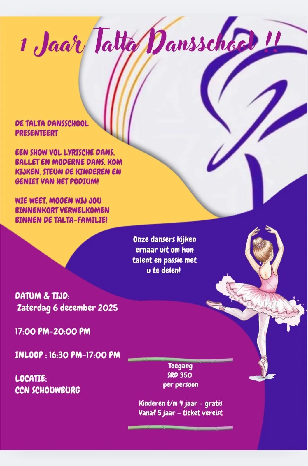 Flyer van 1 Jaar Talta Dansschool bij CCN Schouwburg