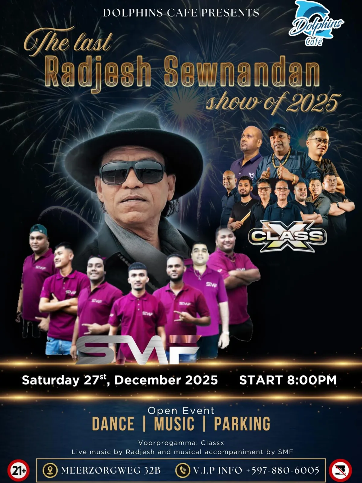 Flyer of The last Radjesh Sewnandan show of 2025 at Dolphins Café