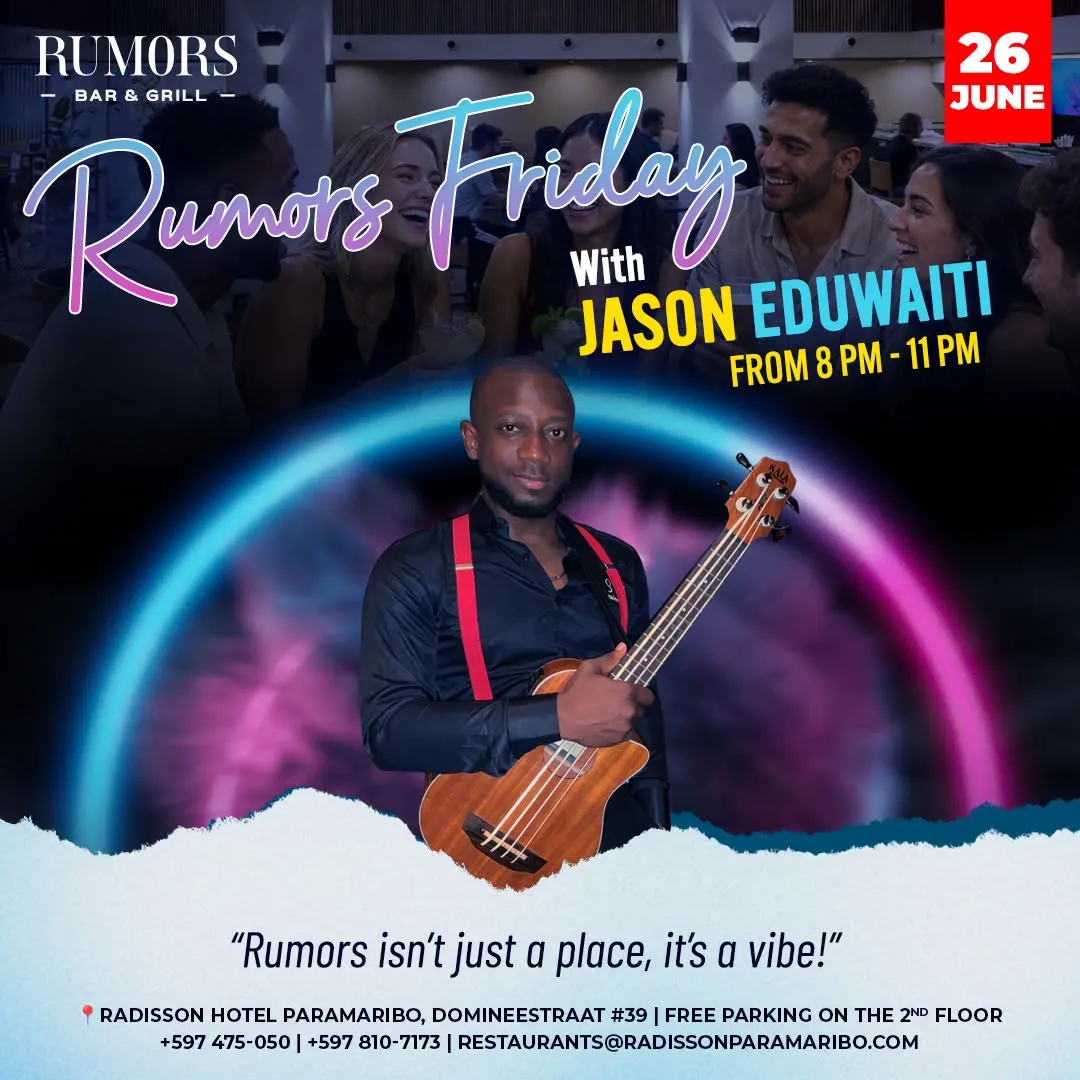 Flyer of Rumors Friday at Rumors Bar & Grill @Radisson Hotel Paramaribo
