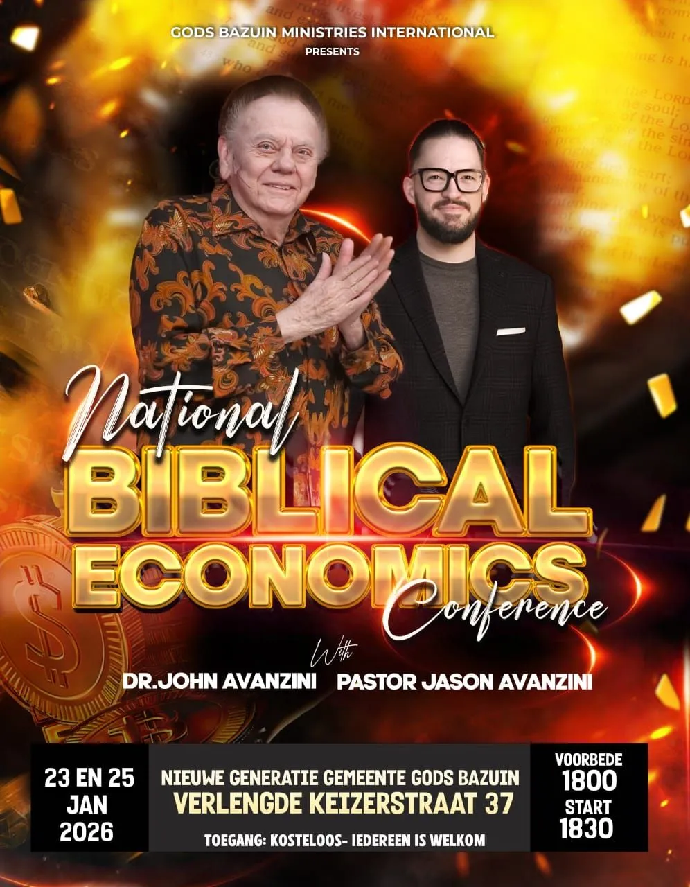Flyer van National Biblical Economics Conference bij Nieuwe Generatie Gemeente Gods Bazuin