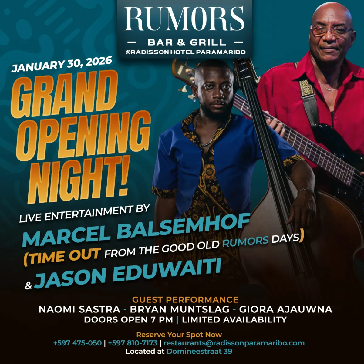 Flyer van Grand Opening Night! bij Rumors Bar & Grill @Radisson Hotel Paramaribo