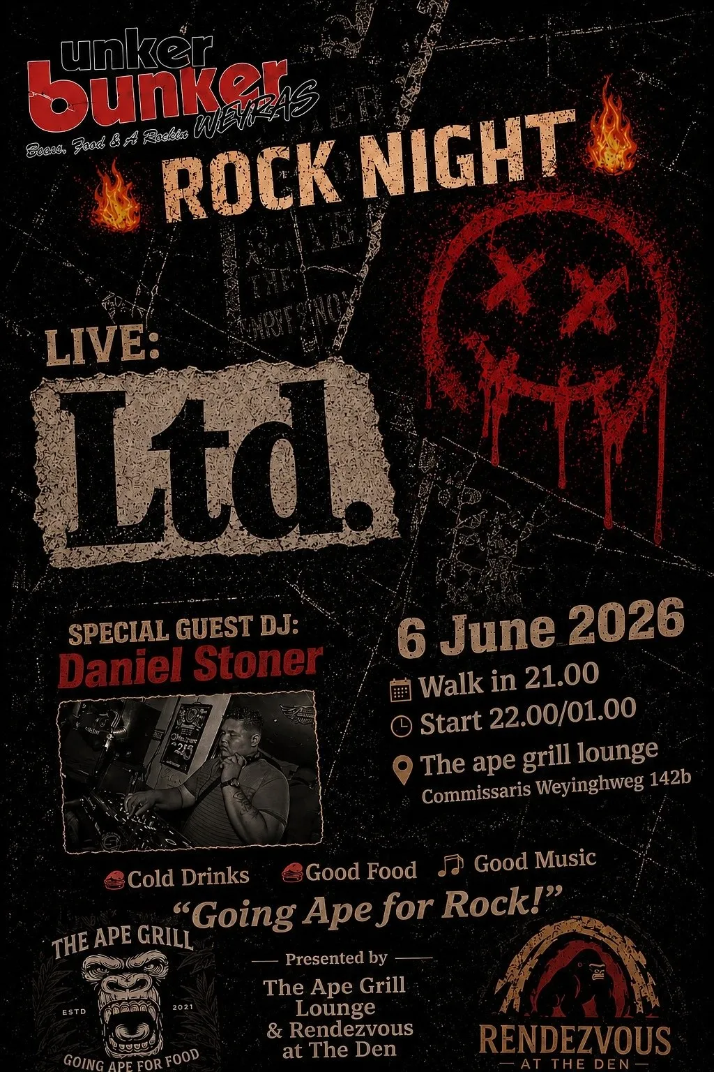 Flyer of ROCK NIGHT at The Ape Grill Lounge @ Unker Bunker