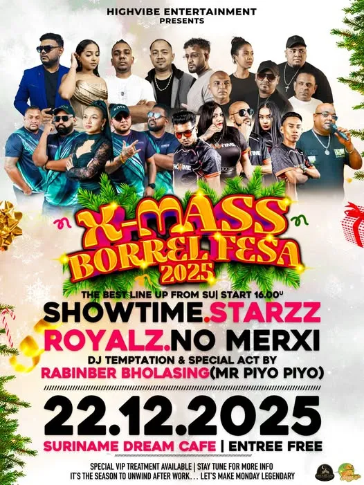 Flyer van X-Mass Borrel Fesa 2025 bij Suriname Dream Cafe