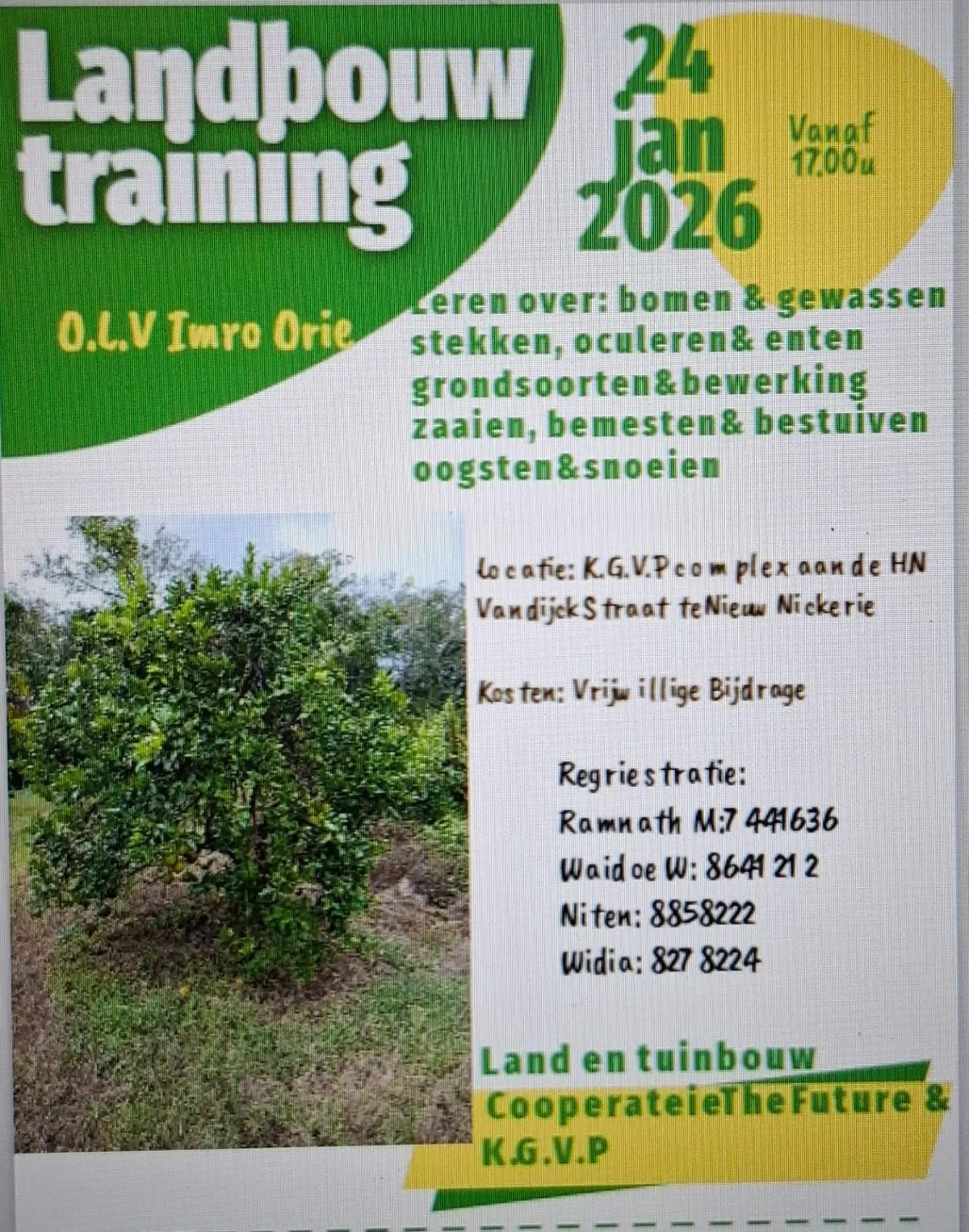 Flyer van Landbouw training Nickerie bij K.G.V.P complex
