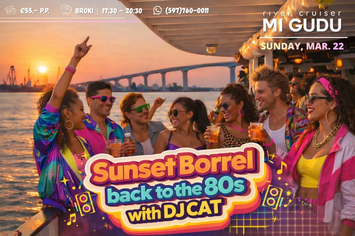 Flyer of Sunset Borrel back to the 80s with DJCAT at Mi Gudu