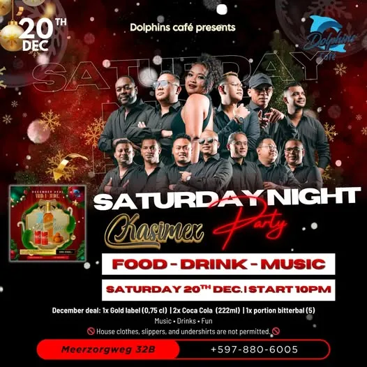 Flyer van Saturday Night Party bij Dolphins Café